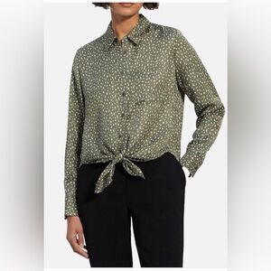 Theory Hekanina Long Sleeve Tie-Front Blouse Olive Green size S see description